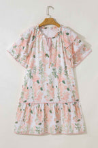 Pink Plus Size Floral Print Striped Detail Short Summer Dress