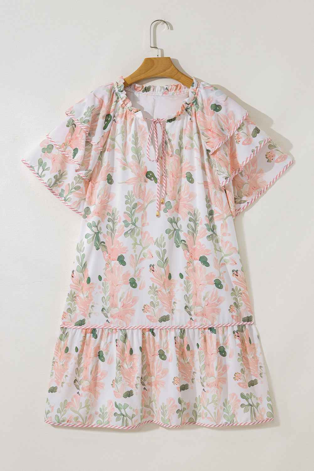 Pink Plus Size Floral Print Striped Detail Short Summer Dress