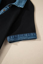 Black Waffle Knit Denim Contrast Trim Patchwork Button Polo Tee Dress