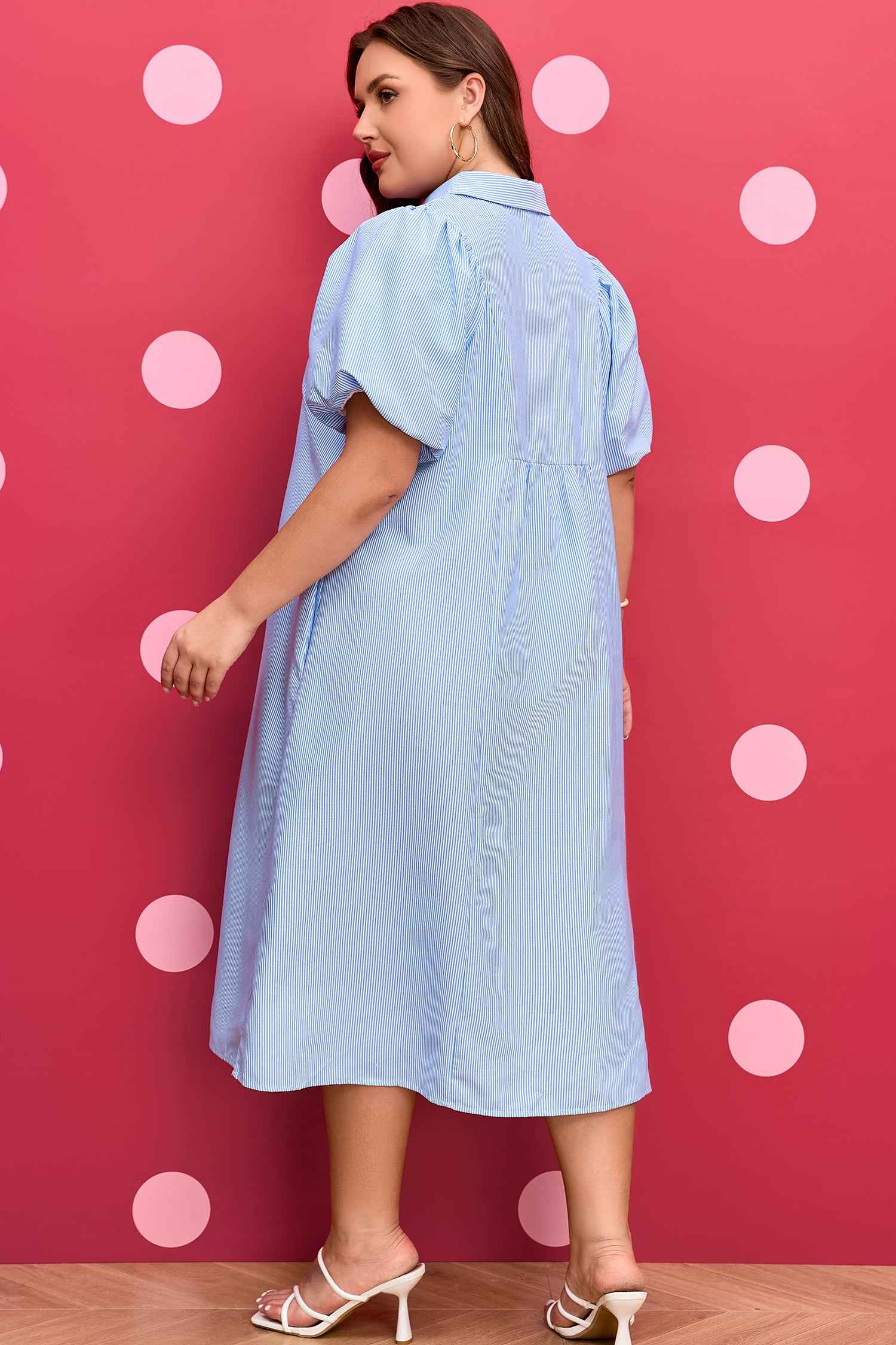 Sky Blue Stripe Shirred Detail Collar V Neck Plus Size Midi Dress