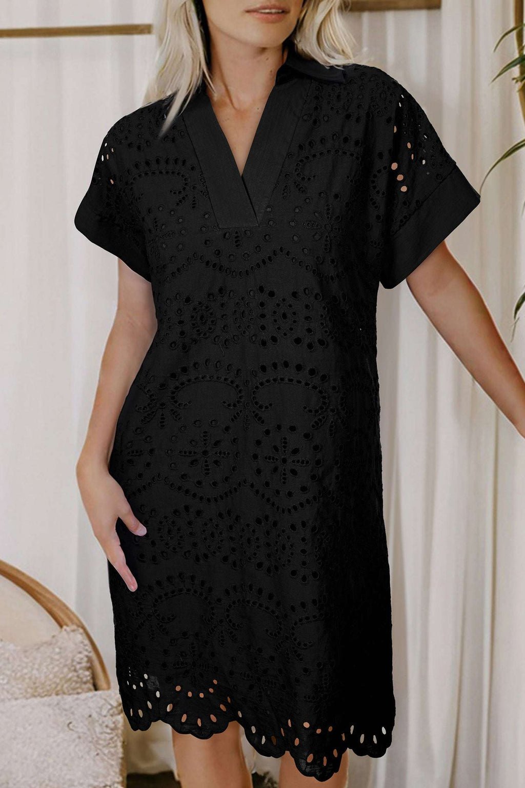Green Solid Color Eyelet Embroidered T Shirt Mini Dress