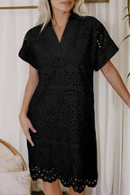 Green Solid Color Eyelet Embroidered T Shirt Mini Dress