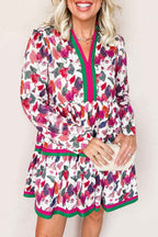 Purple Floral Print Contrast Striped Detail Long Sleeve Mini Dress