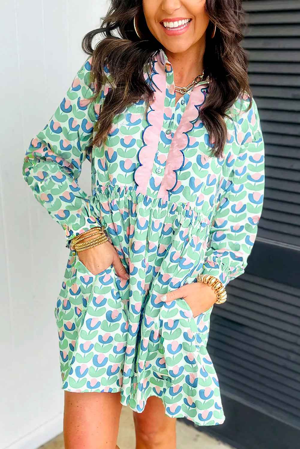 Green Floral Print Notched Neck Scalloped Detail Long Sleeve Mini Dress