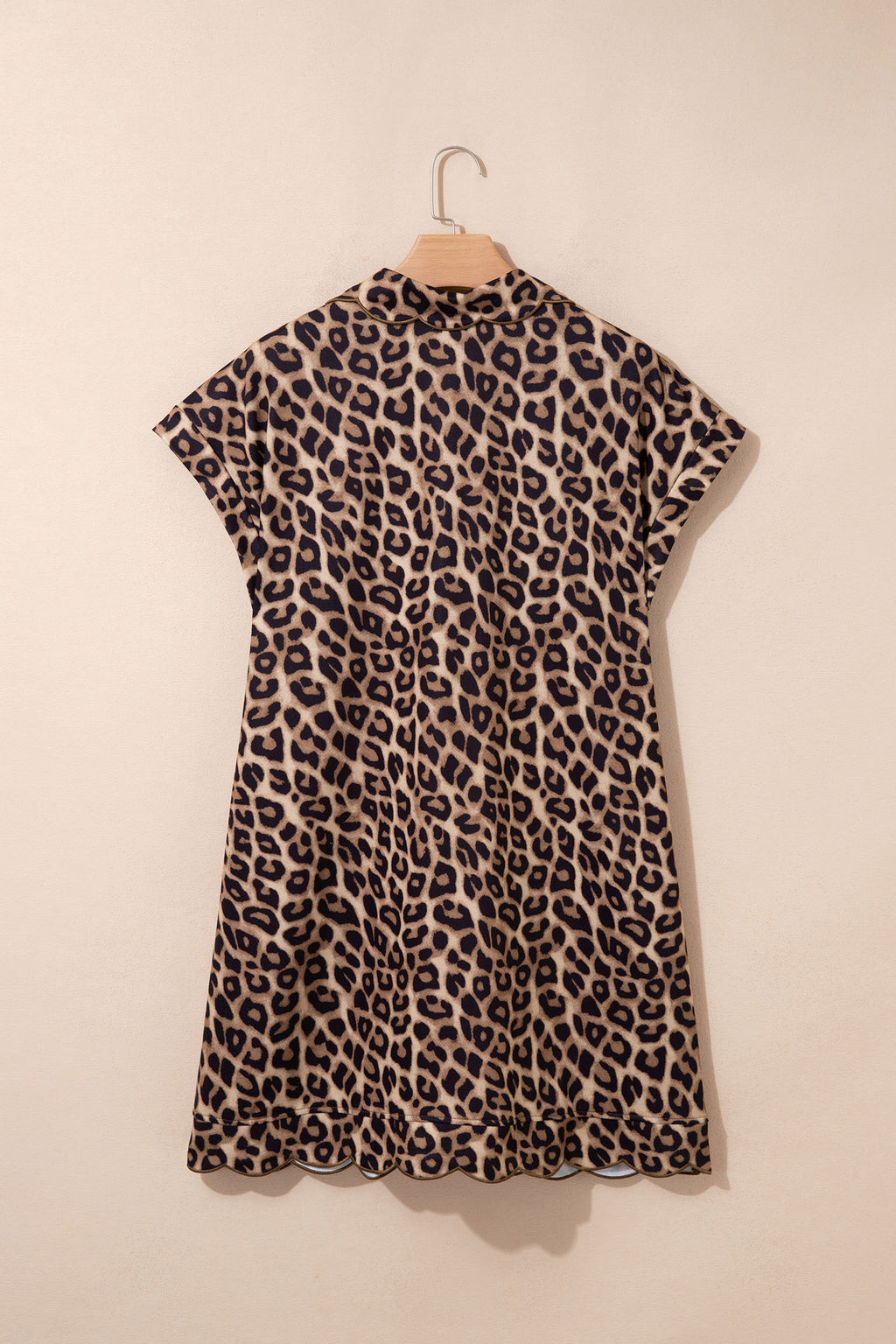 Khaki Buttoned Collar Short Sleeve Shift Leopard Dress with Pockets
