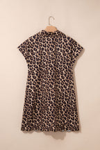 Khaki Buttoned Collar Short Sleeve Shift Leopard Dress with Pockets