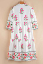 White Floral Print Half Button Mandarin Neck 3/4 Sleeve Maxi Dress