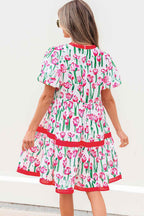 Pink Floral Print Contrast Trim V Neck Bubble Short Sleeve Babydoll Dress