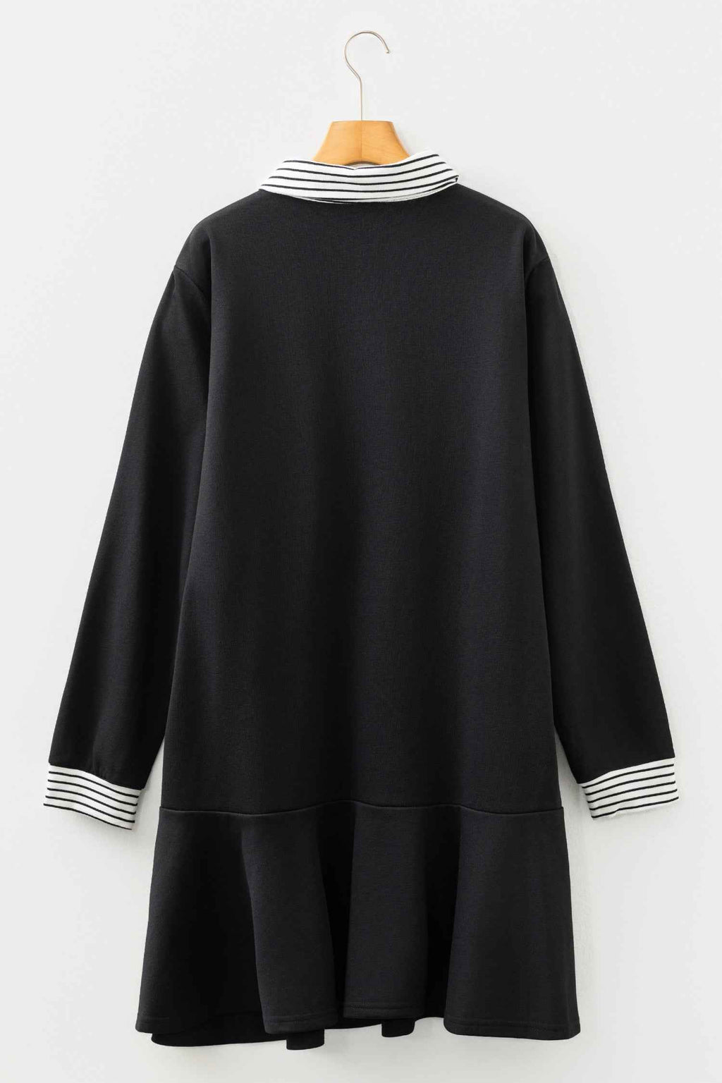 Black Plus Size Striped Cuffs Polo Collar Patchwork Long Sleeve Ruffle Hem Dress