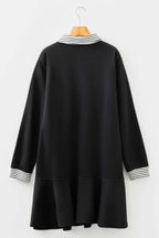 Black Plus Size Striped Cuffs Polo Collar Patchwork Long Sleeve Ruffle Hem Dress