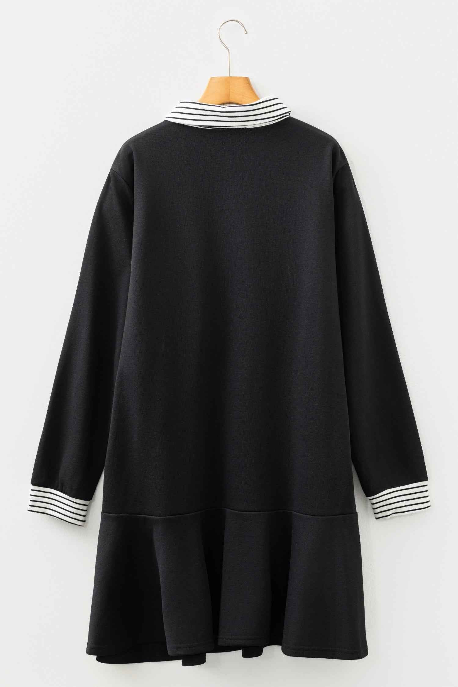 Black Plus Size Striped Cuffs Polo Collar Patchwork Long Sleeve Ruffle Hem Dress