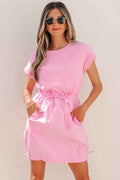 Bonbon Cuffed Short Sleeve Mix Fabric Patchwork Drawstring Mini Dress