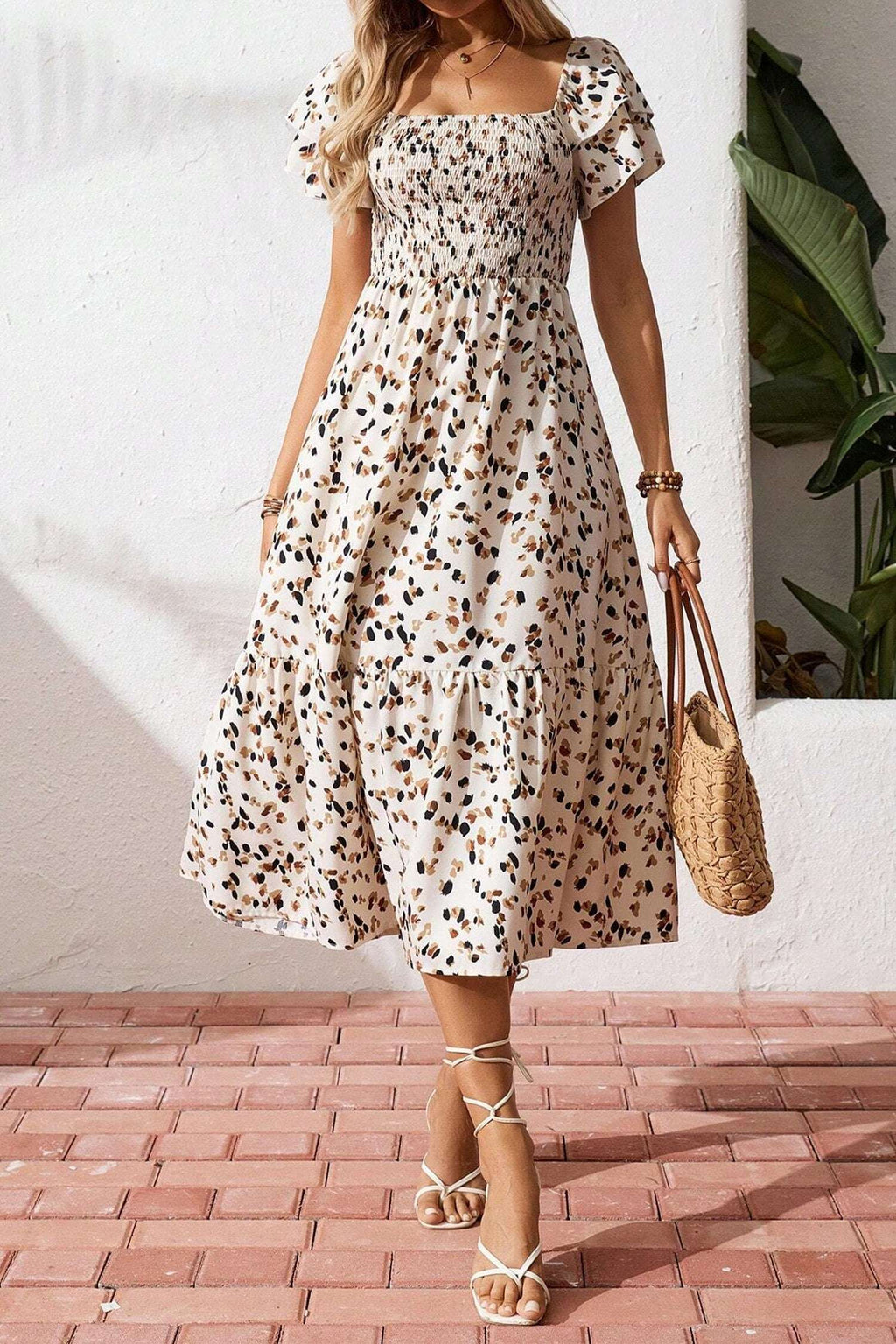 Beige Ditsy Floral Print Smocked Square Neck Ruffle Short Sleeve Dress