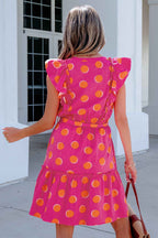 Rose Double Polka Dot V Neck Ruffled Short Sleeve Dress