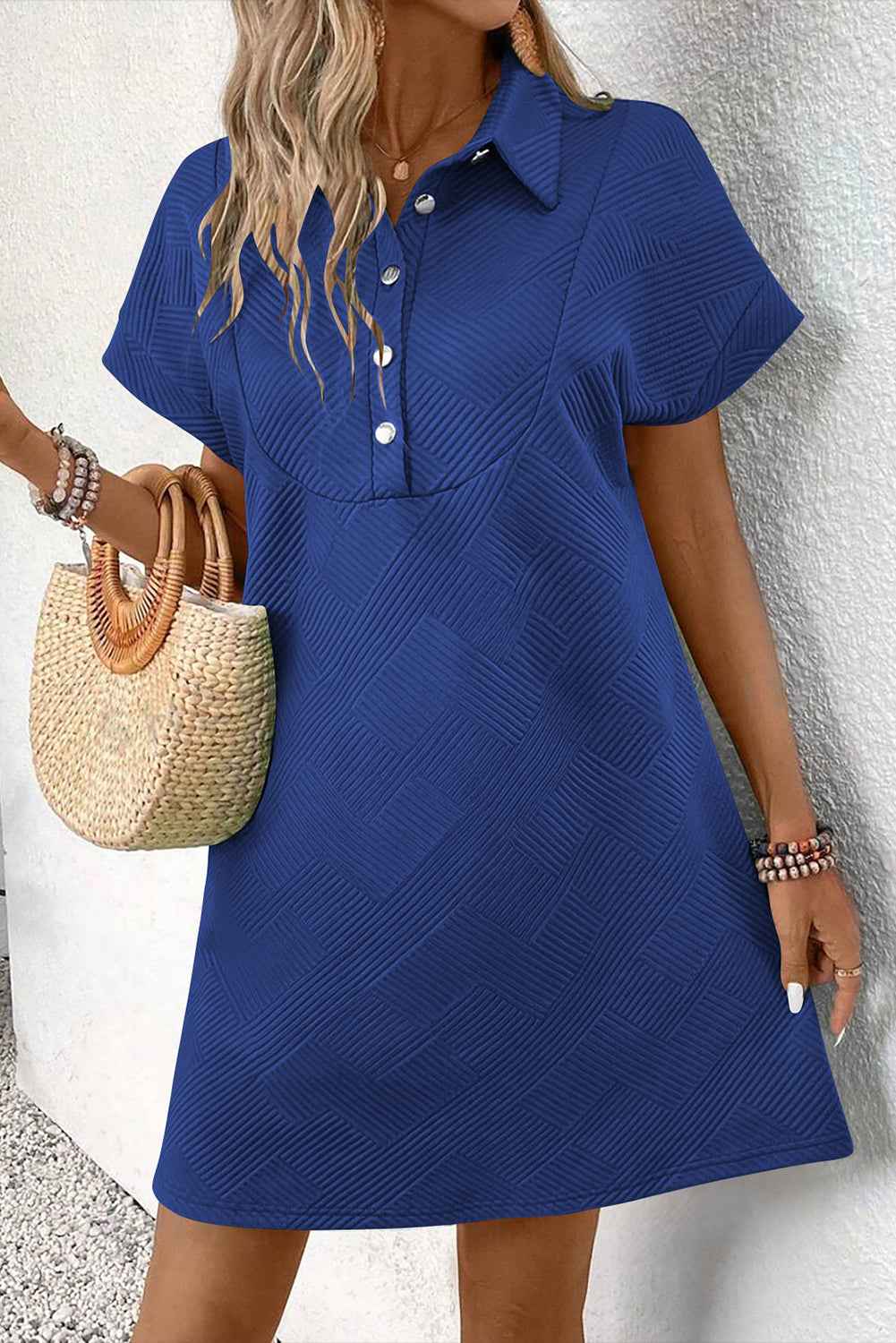 Myosotis Solid Color Textured Short Sleeve A Line Mini Dress