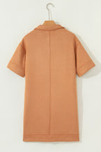 Thai Curry Collared V Neck Faux Suede Short Sleeve Shift Mini Dress