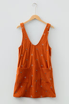Gold Flame Flower Embroidered Corduroy Overall Mini Dress