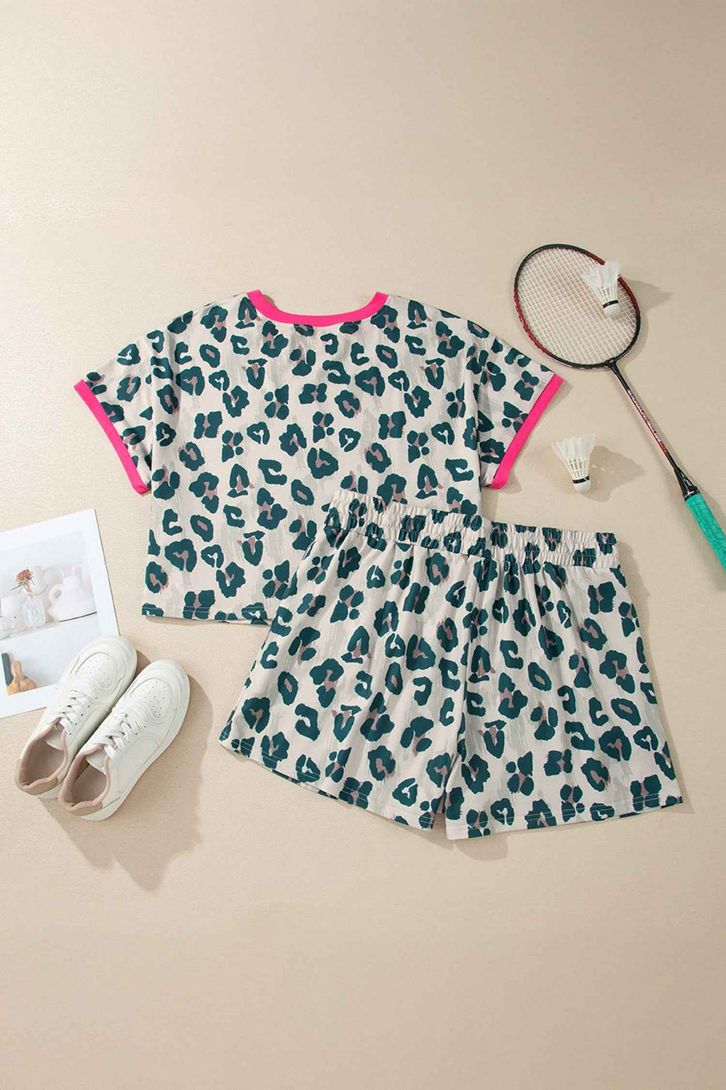 Brown Plus Size Leopard Color Block Trim Short 2pcs Set