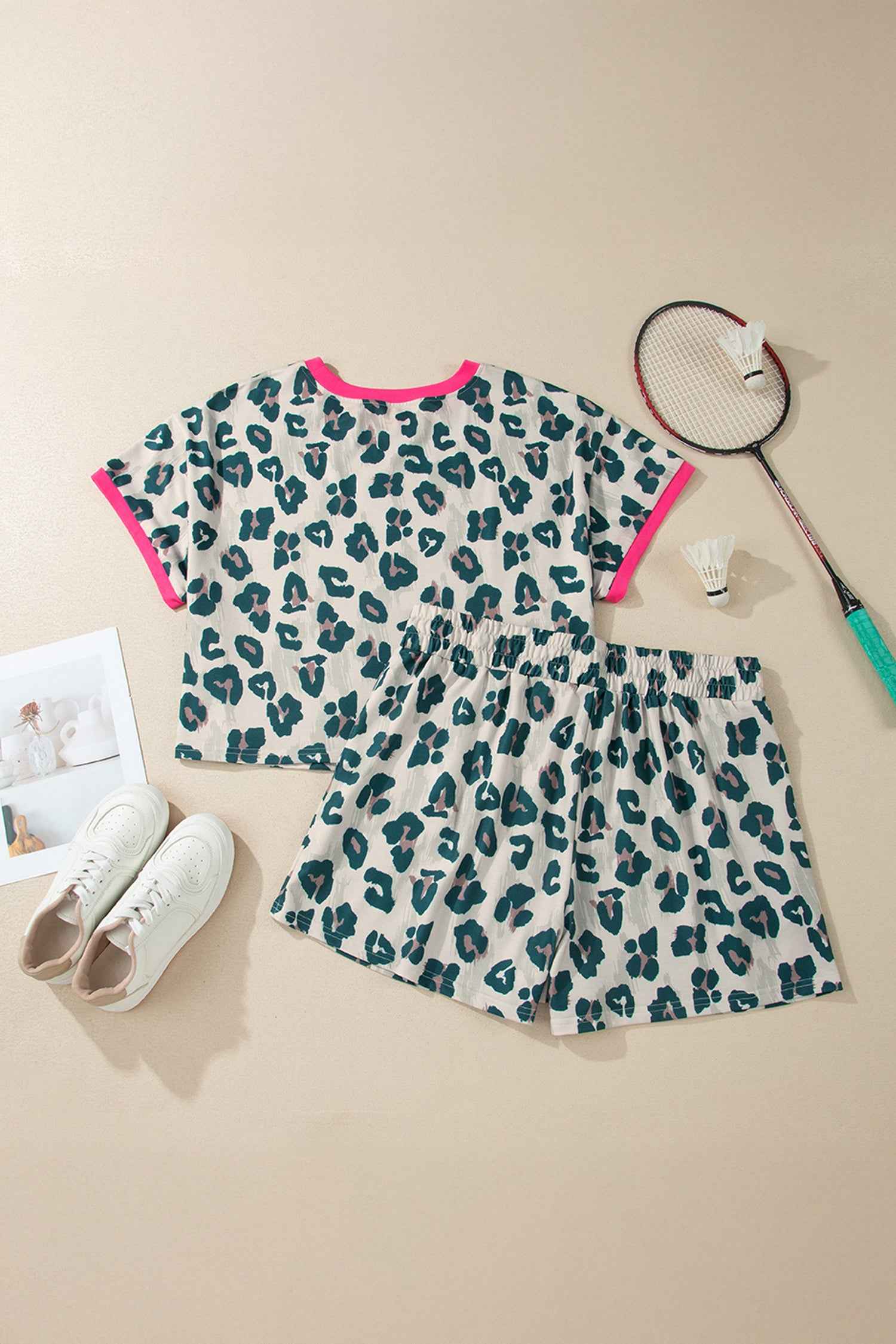 Brown Plus Size Leopard Color Block Trim Short 2pcs Set