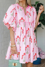 Sky Blue Floral Striped Print Tie Notched Neck Puff Sleeve Flared Mini Dress