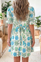 Sky Blue Floral Print Half Button Frilly Short Sleeve Dress
