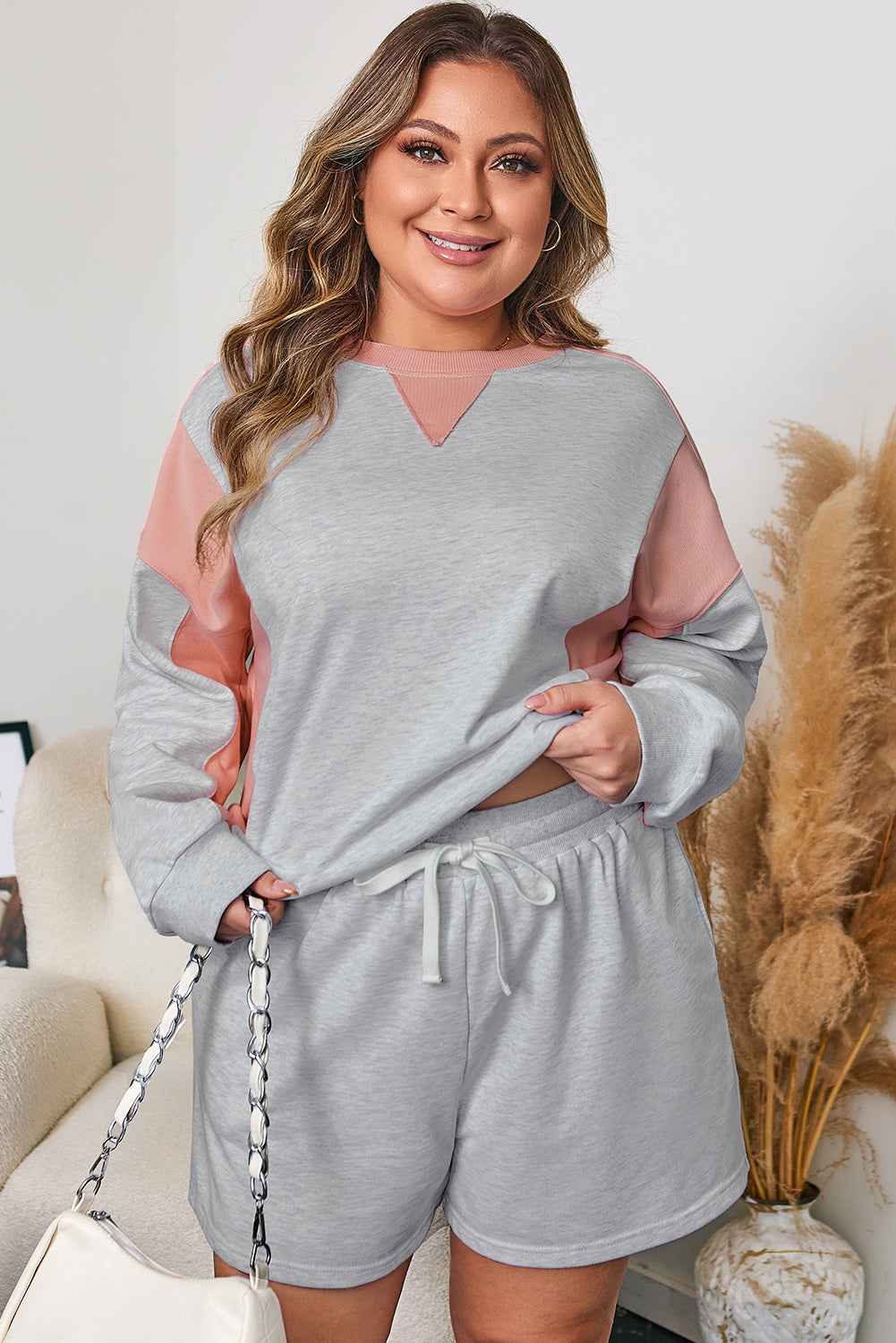 Light Grey Uneven Hem Colorblock Pullover Casual Shorts Plus Size 2pcs Outfit