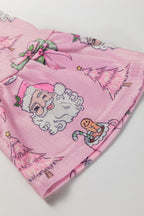 Pink Christmas Print Ruffled Ribbed Shirt & Pants 2 Piece PJ Set