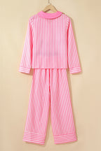 Pink Stripe Buttoned Front Long Sleeve Top and Pants 2 Piece Sleepwear
