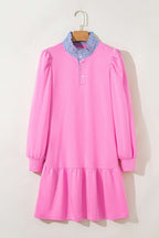Pink Contrast Striped Collar Patchwork Puff Sleeve Ruffle Hem Mini Dress