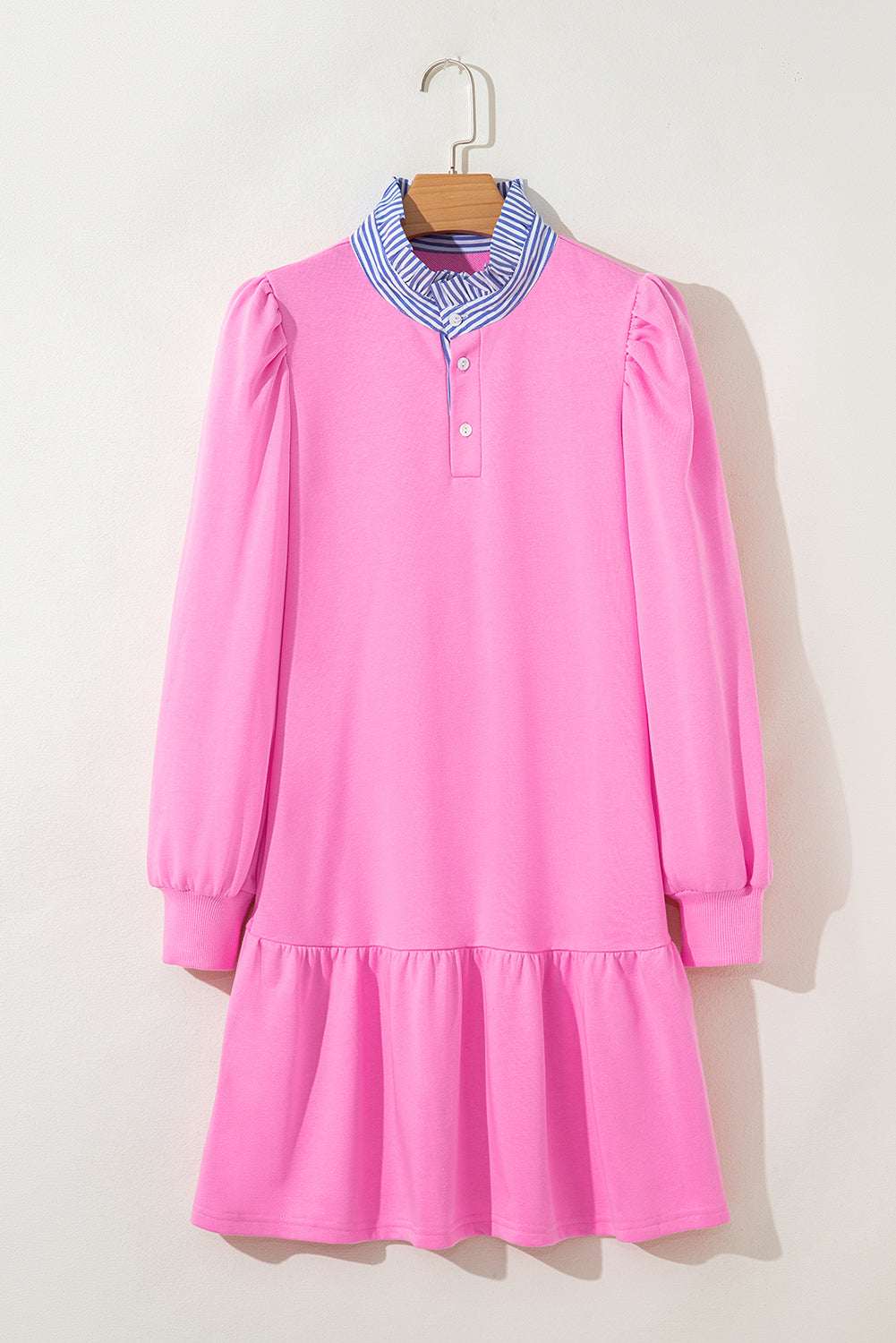Pink Contrast Striped Collar Patchwork Puff Sleeve Ruffle Hem Mini Dress
