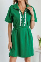 Bright Green Contrast Patchwork Half Zip Elastic Waist Short Sleeve Mini Dress