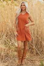 Gold Flame Corduroy Western Embroidered Patched Pocket Shift Sleeveless Mini Dress
