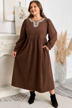Coffee Embroidered Notched Neckline Textured Pleated High Waist Plus Size Midi Dress
