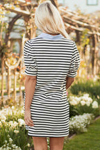 Black Stripe Contrast V Neck Collared Puff Sleeve T Shirt Mini Dress with Pockets
