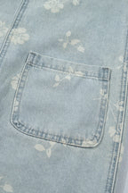 Sky Blue Retro Wash Denim Floral Print Overall Mini Dress
