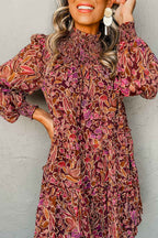 Red Floral Print Long Sleeve Shirred High Neck Loose Mini Dress