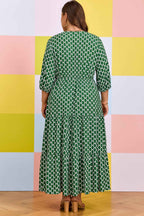Green Plus Size Geometric Print Pocketed Ruffle Hem Casual Dress