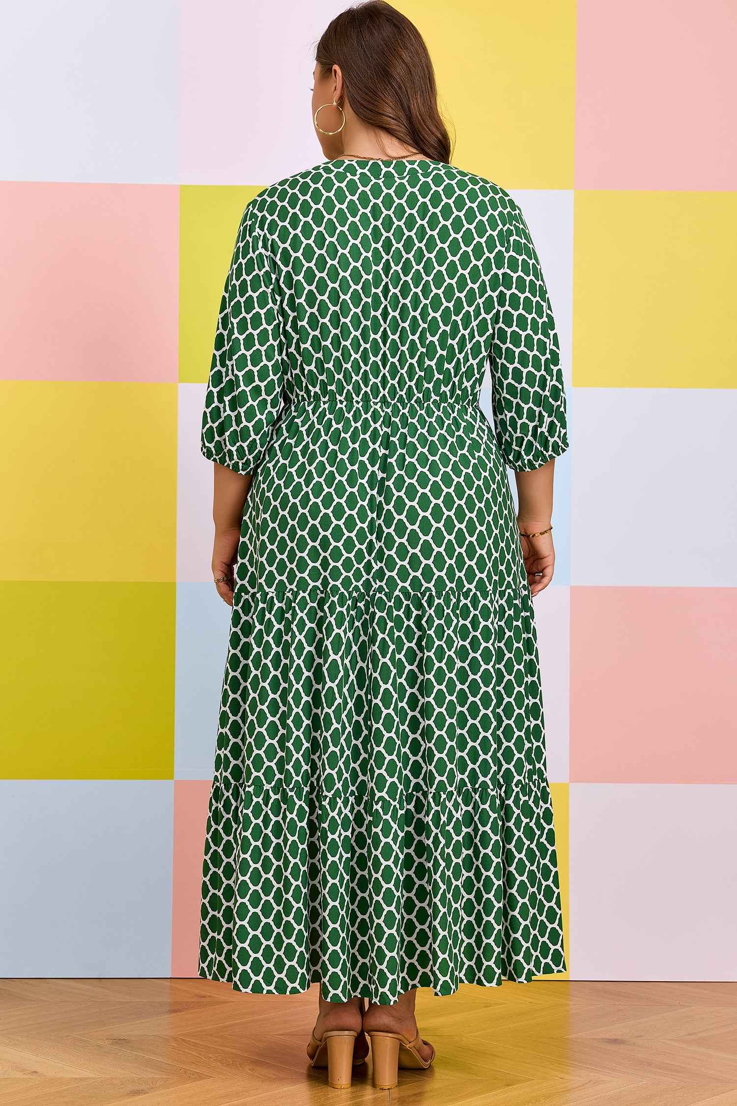Green Plus Size Geometric Print Pocketed Ruffle Hem Casual Dress