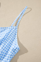 Sky Blue Gingham Plaid Double Layered Cami Mini Dress 3pcs Set