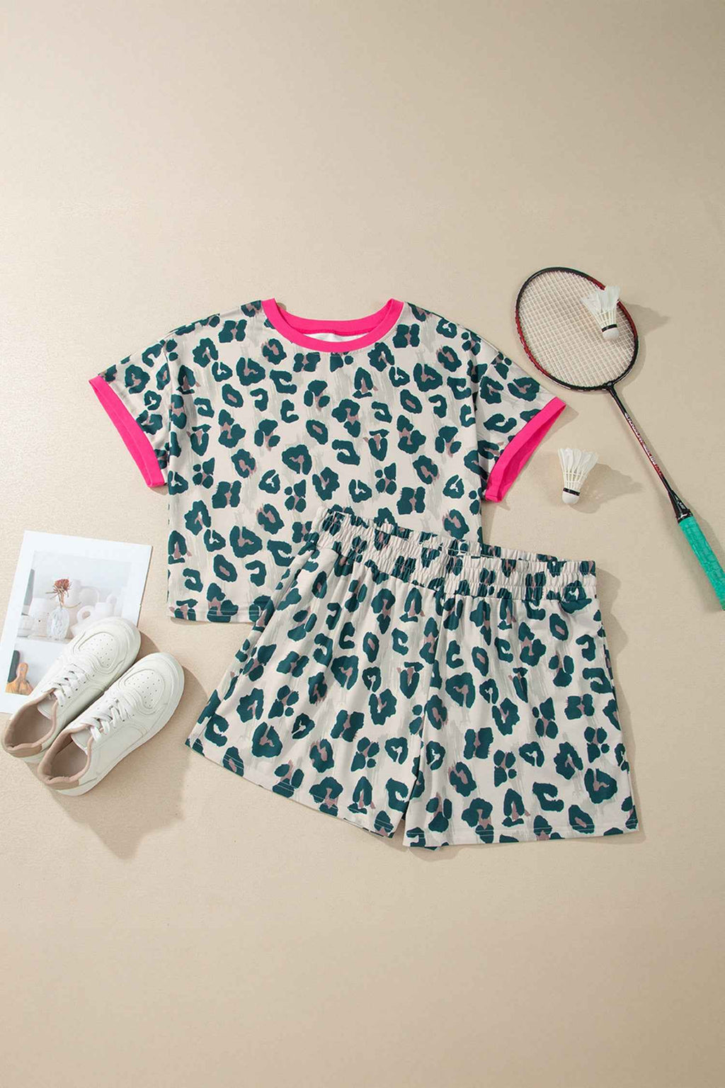 Brown Plus Size Leopard Color Block Trim Short 2pcs Set