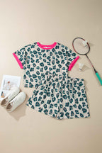 Brown Plus Size Leopard Color Block Trim Short 2pcs Set