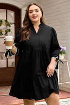 Black Contrast Trim Knot Cuffs Plus Size V Neck Mini Dress