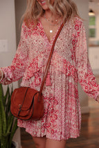 Pink Bohemian Floral Print Tassel Tie Long Sleeve Flowy Mini Dress