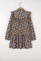 Brown Floral Print Ruffled Detail Shirt Collar Button Down Long Sleeve Dress