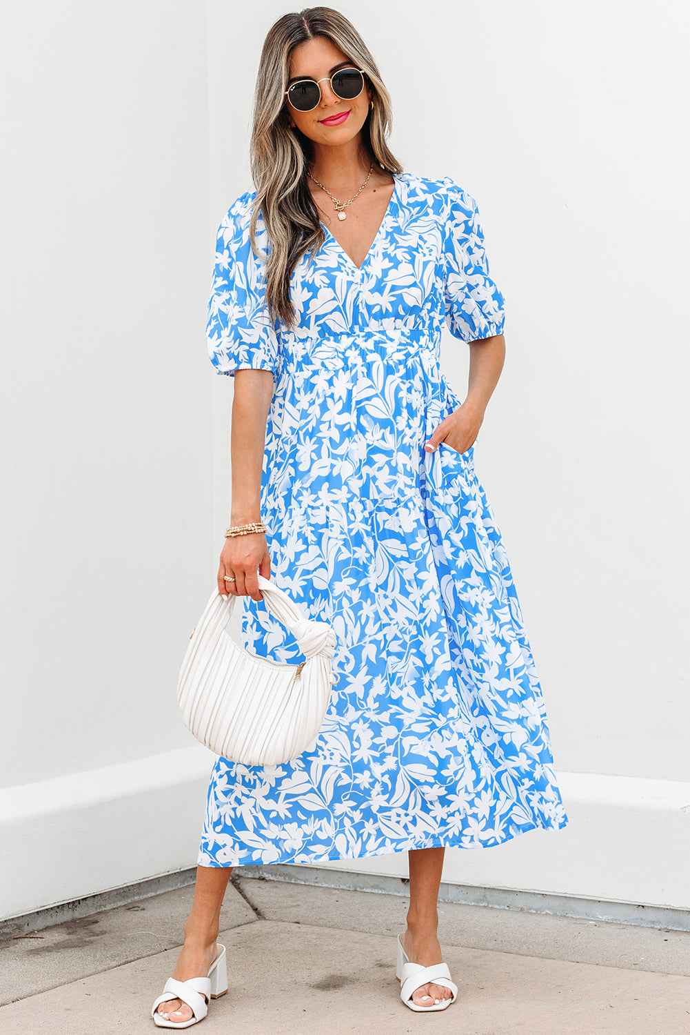 Sky Blue Floral V Neck Puff Short Sleeve Flowy Long Dress
