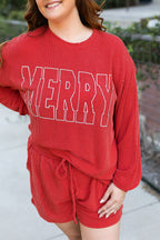 Racing Red MERRY Ribbed Knit Long Sleeve Lace-up Waist Plus Size Set