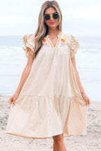 Jet Stream Linen Embroidery Split Neck Pom Pom Ruffle Sleeves Flowy Short Dress