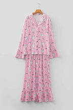 Pink Christmas Print Ruffled Ribbed Shirt & Pants 2 Piece PJ Set