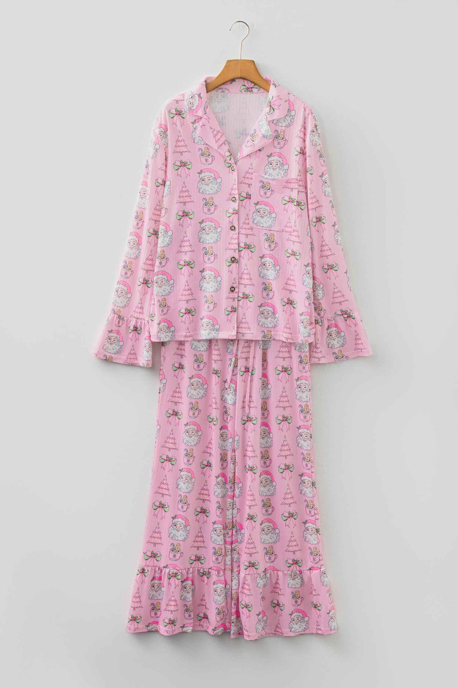 Pink Christmas Print Ruffled Ribbed Shirt & Pants 2 Piece PJ Set