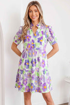 Purple Floral V Collar Short Sleeve Tiered Ruffle Mini Dress